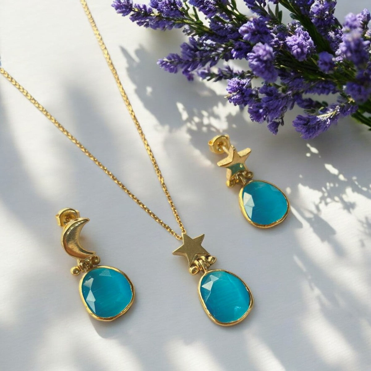 Silver moon earrings and necklace with turquoise buy