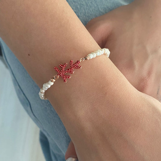 Freshwater Pearl Bracelet with Silver Coral Charm