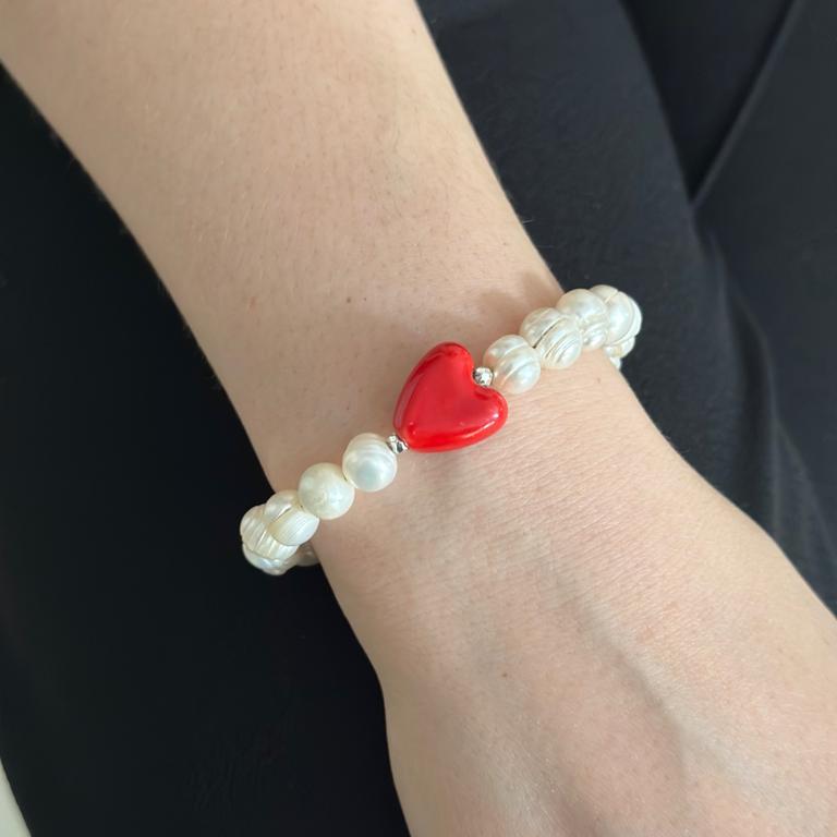 Freshwater Pearl Bracelet with Red Glass Heart