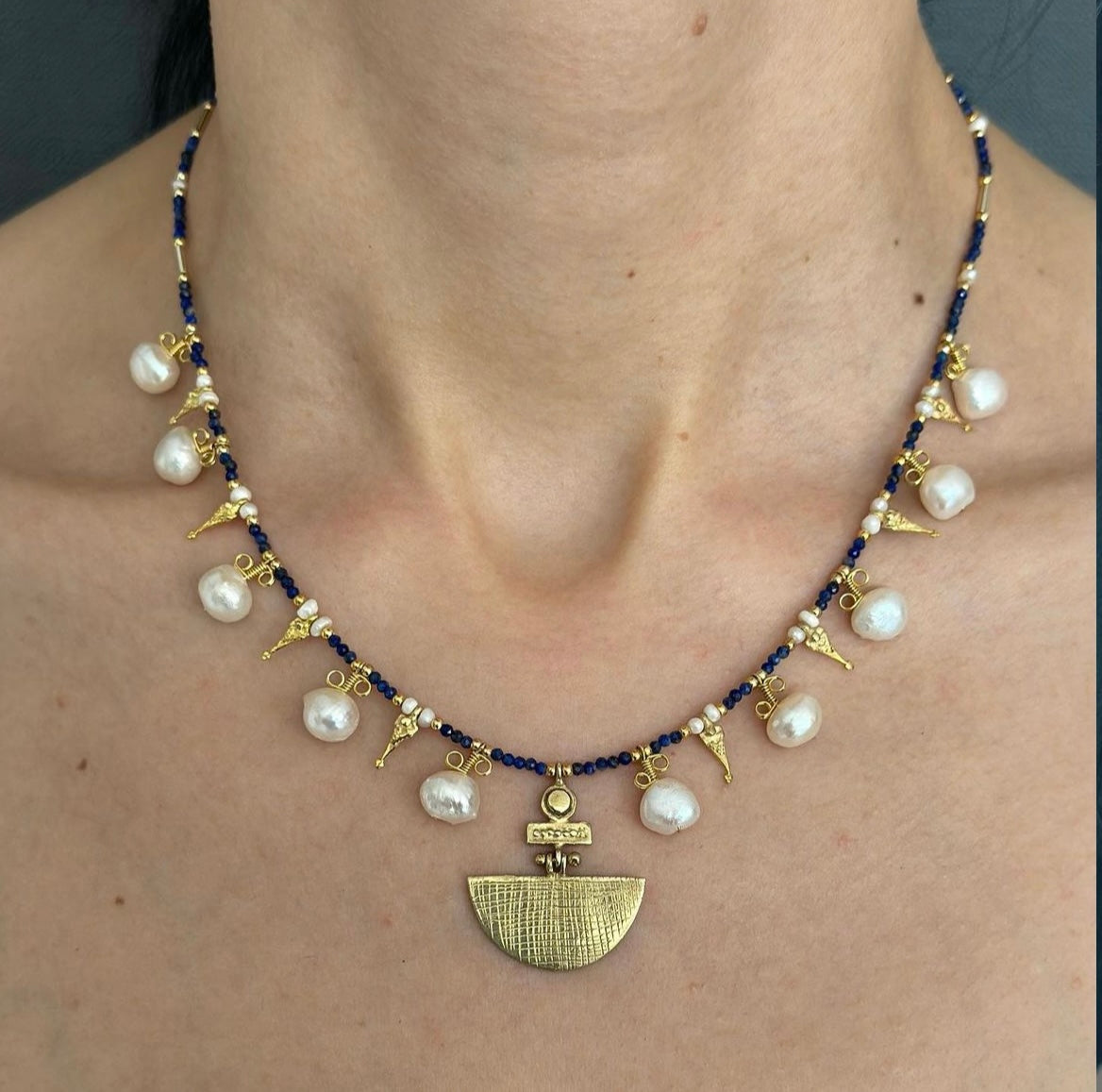 Selene Lapis Lazuli Gemstone and Pearl Necklace Gold Plated