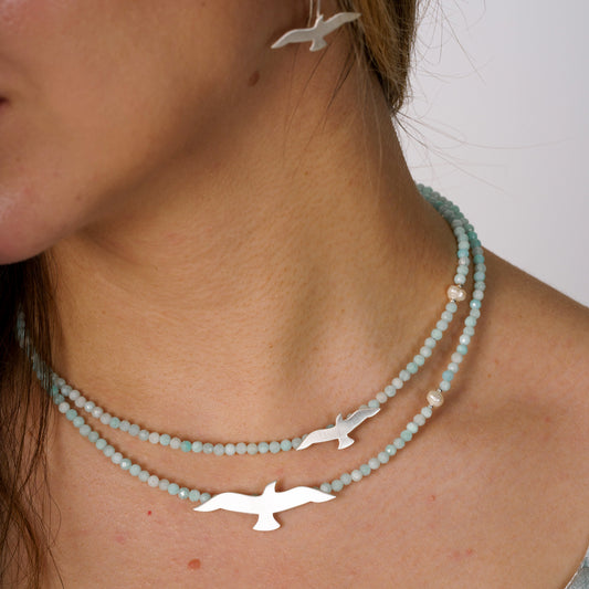 Amazonite Gemstone Necklace with Silver Seagull Pendants