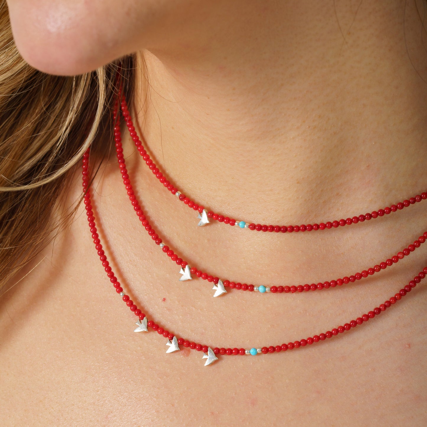 Minimal Coral Gemstone Necklace with Silver Two Bird Pendants