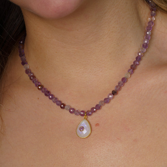 Gemstone Necklace with Moonstone and Amethyst Pendant