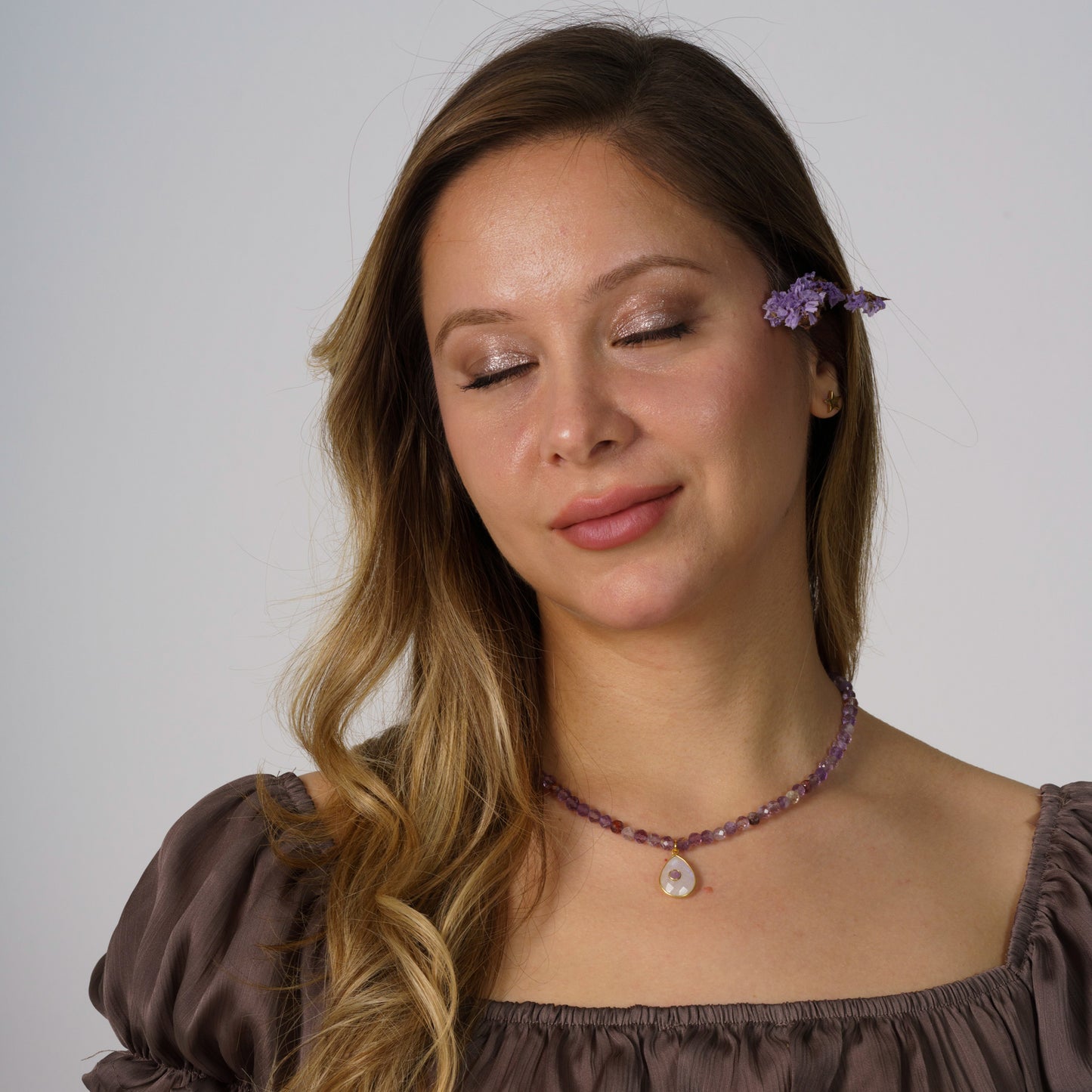 Gemstone Necklace with Moonstone and Amethyst Pendant