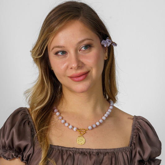 Kunzite Gemstone Necklace with Silver Eye Pendant