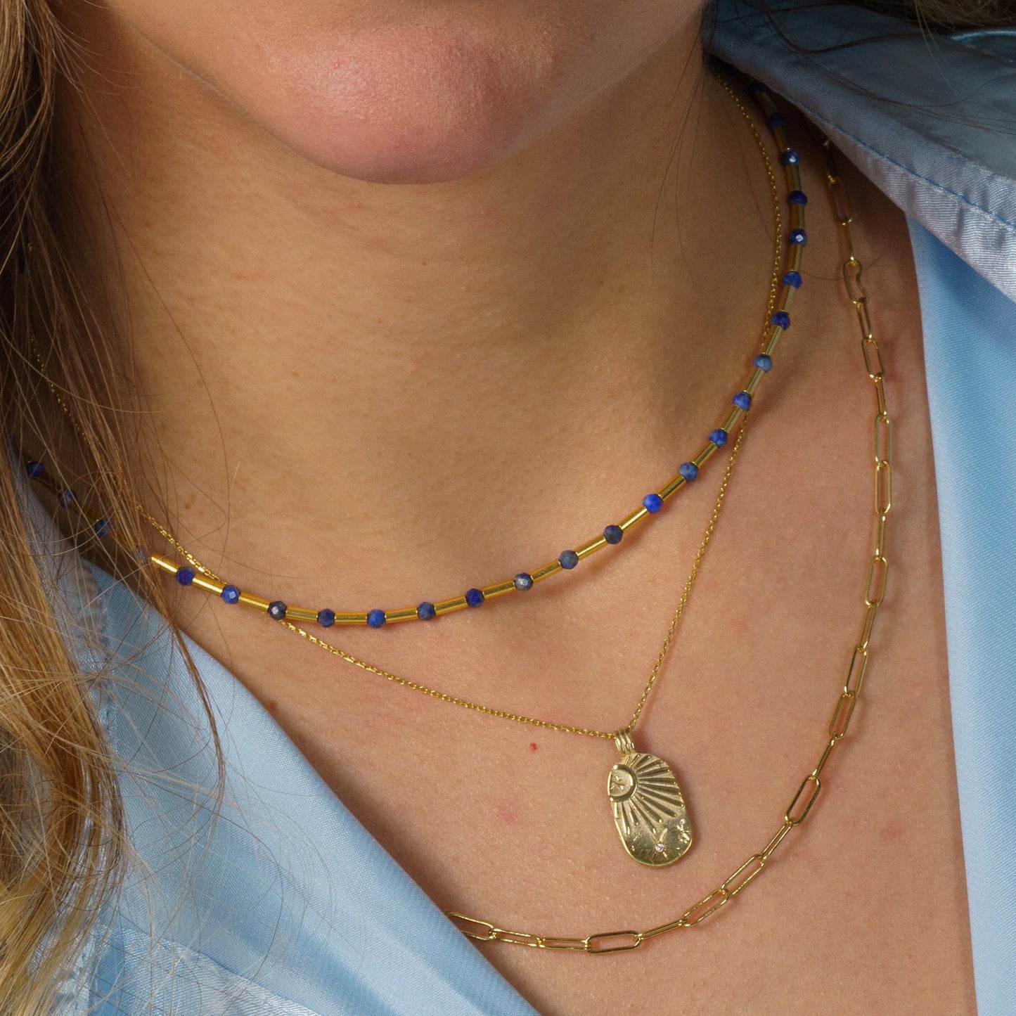 Lapis Lazuli Gemsone and Silver Pipe Necklace