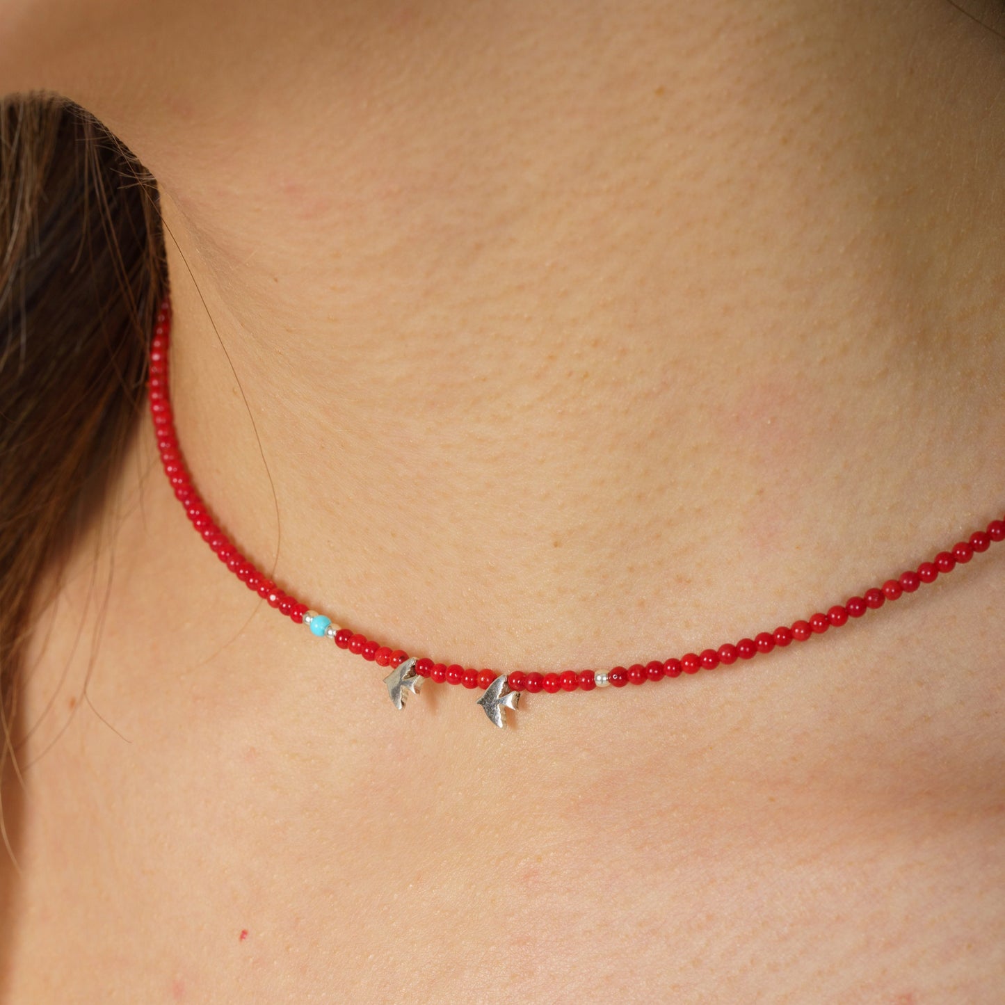 Minimal Coral Gemstone Necklace with Silver Two Bird Pendants