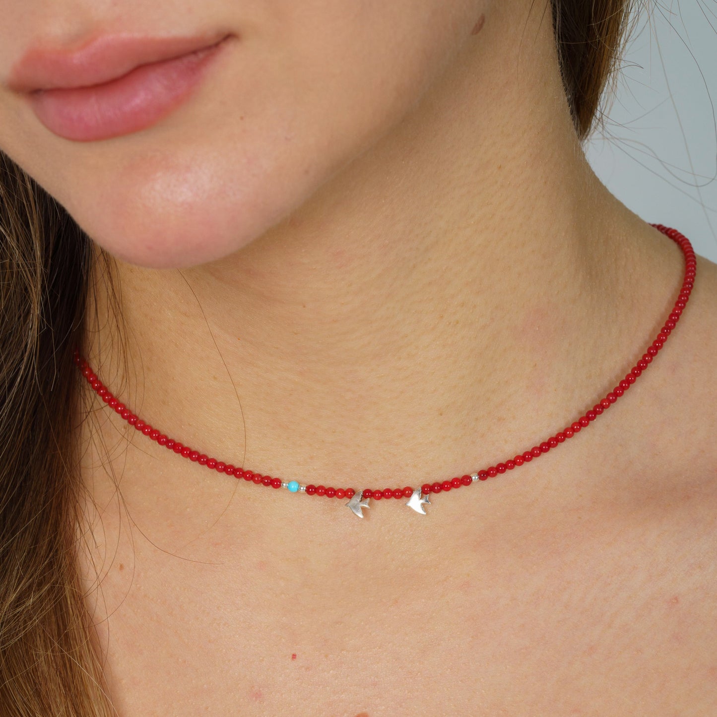 Minimal Coral Gemstone Necklace with Silver Two Bird Pendants