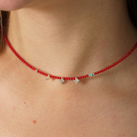 Minimal Coral Gemstone Necklace with Silver Three Bird Pendants