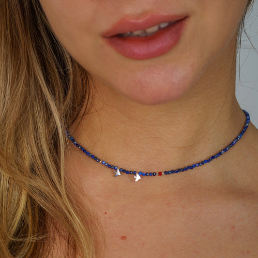 Minimal Lapis Lazuli Gemstone Necklace with Silver Two Bird Pendants