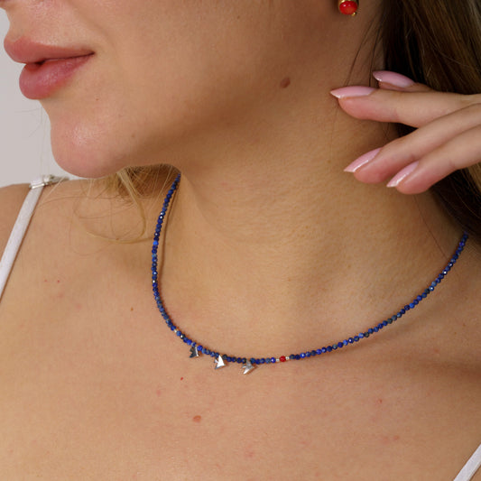 Minimal Lapis Lazuli Gemstone Necklace with Silver Three Bird Pendants