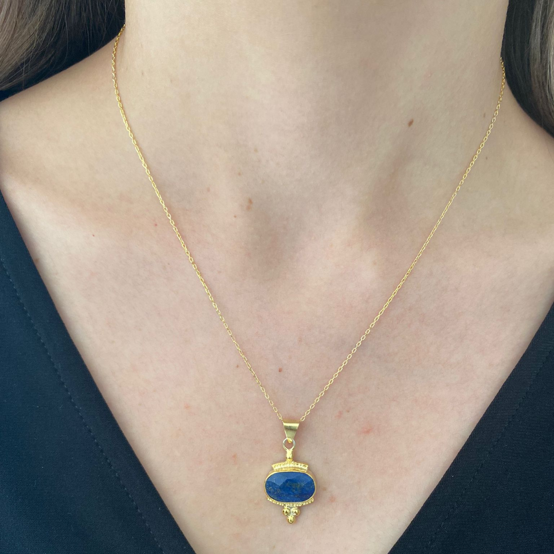 Lapis Lazuli Necklace and Earrings Set - 14k Gold Plated Silver