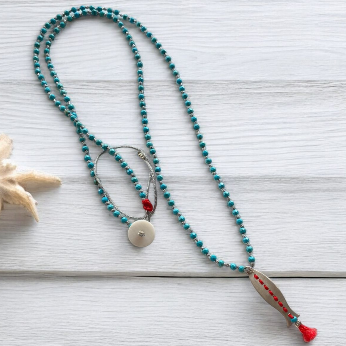 Afrodit Fish Pendant Long Necklace in 925 Silver with turquoise beads and red accents