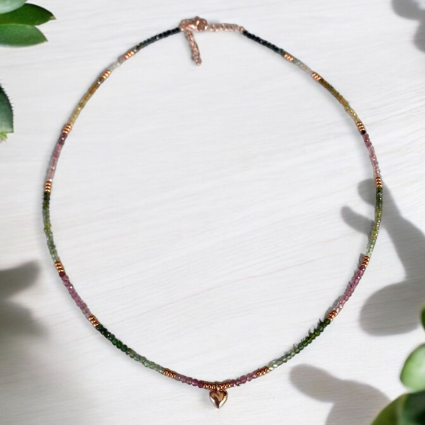 Amore Minimal Tourmaline Necklace featuring handcrafted 925 silver with multicolored tourmaline stones against a white background