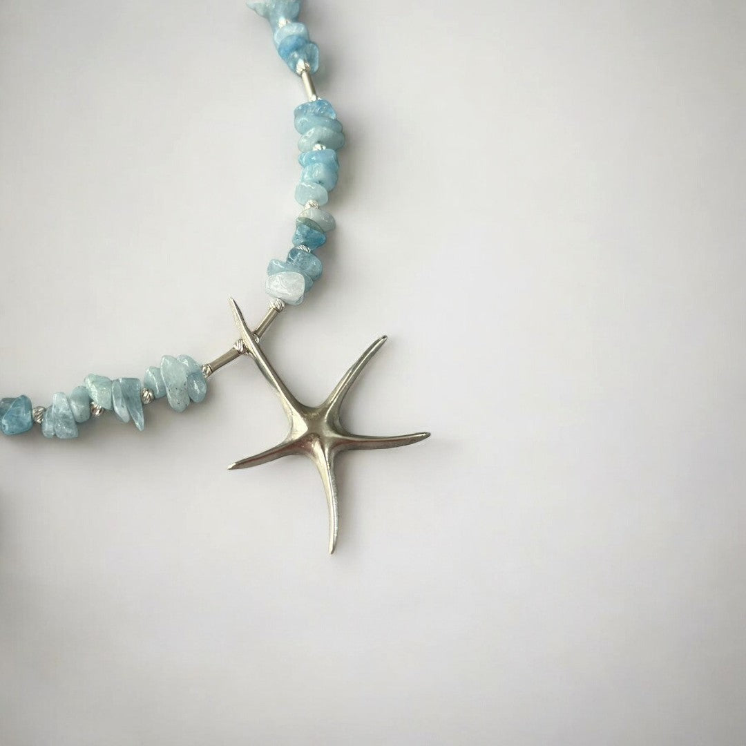 Aquamarine Starfish Necklace in 925 Silver - Handmade Elegance