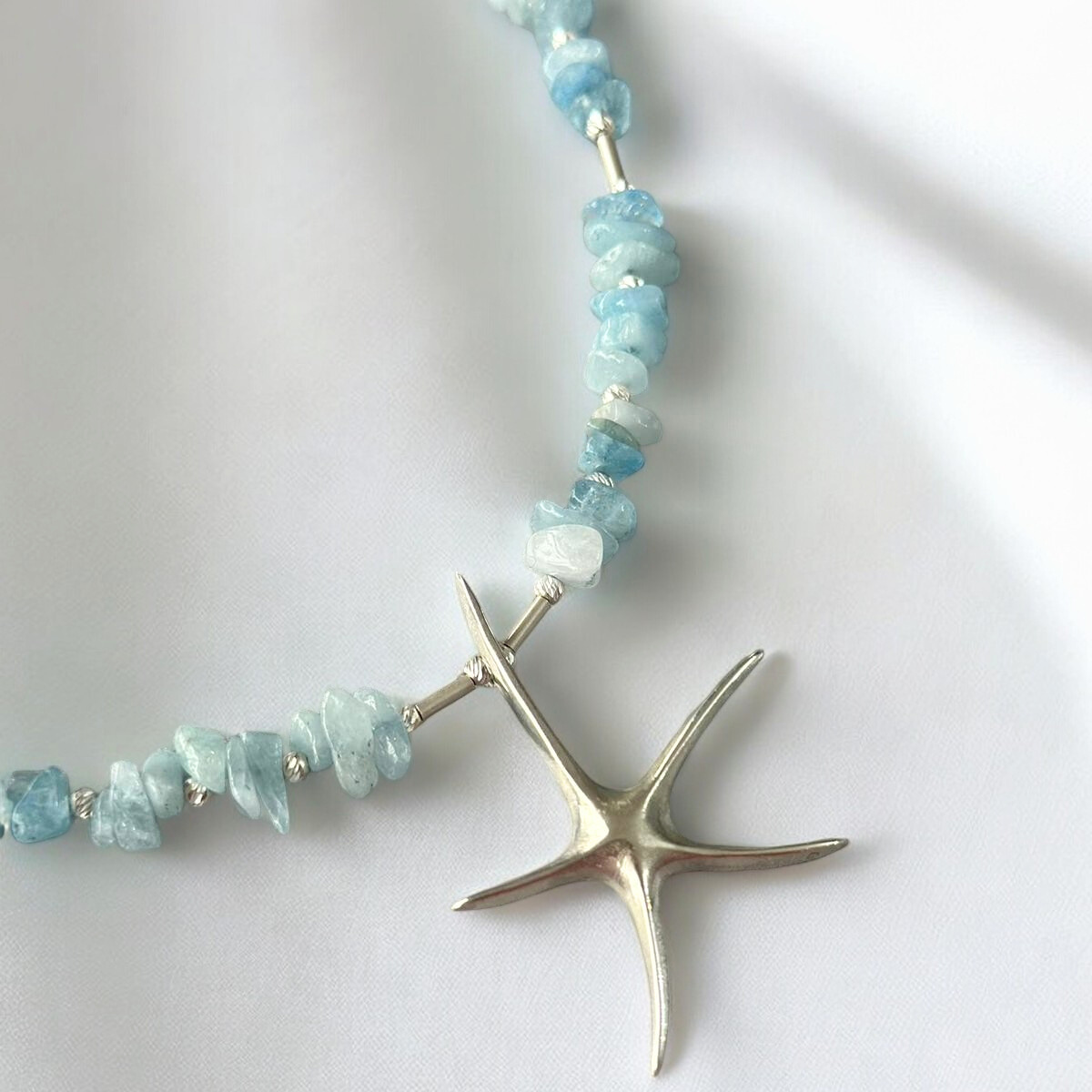 Handmade Aquamarine Starfish Necklace in 925 Silver