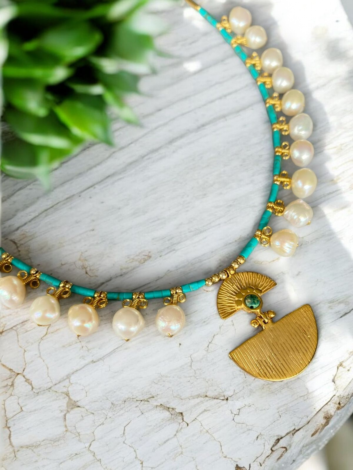 Ariadne Necklace with Pearl and Turquoise Gemstone - Sterling Silver 14K Gold Plated