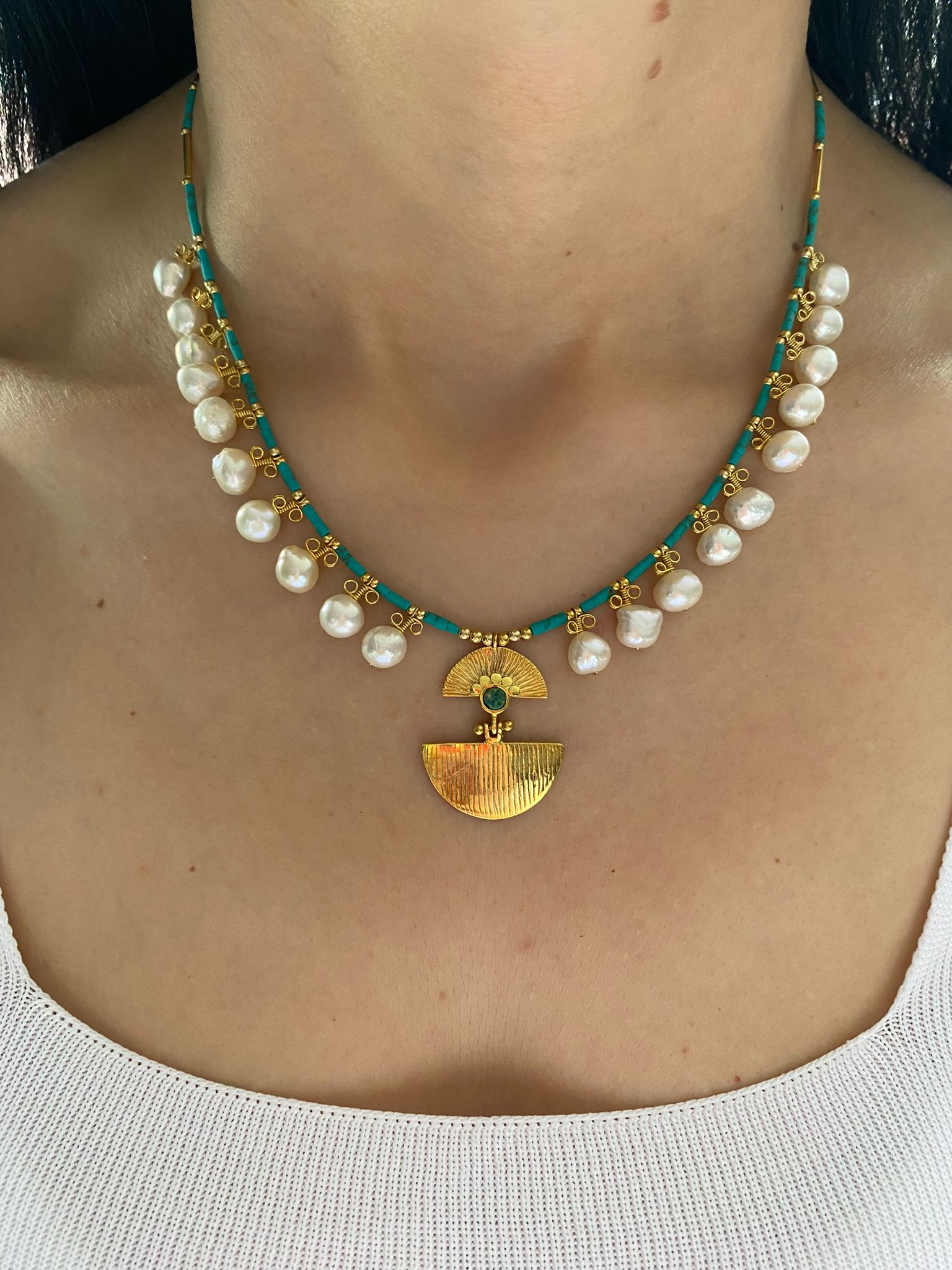 Ariadne Necklace with Pearl and Turquoise Gemstone - Sterling Silver 14K Gold Plated on neck.