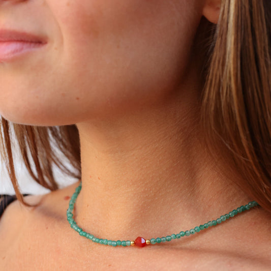 Aventurine & Carnelian Gemstone Necklace on a woman's neck