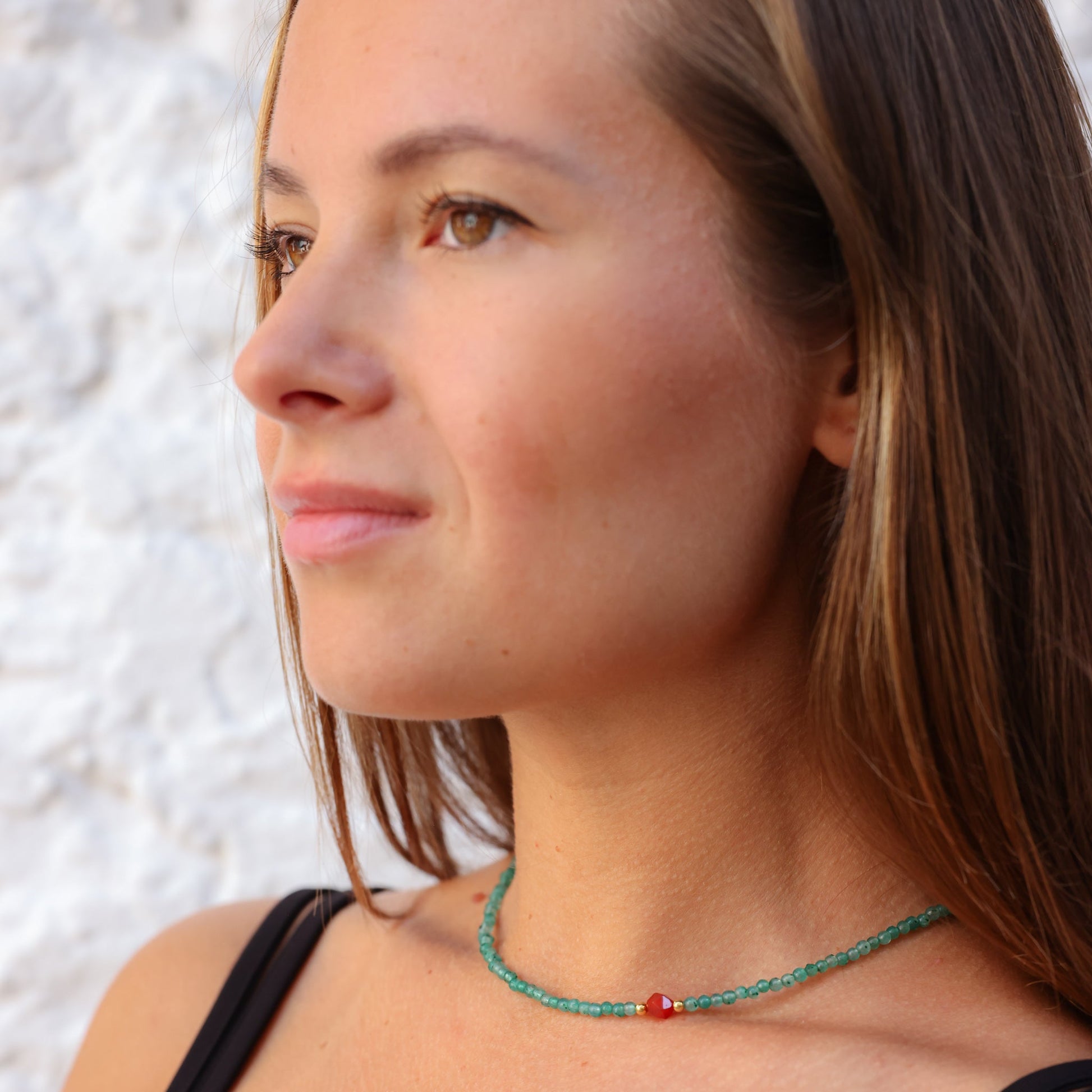 Aventurine and Carnelian Gemstone Necklace on a woman