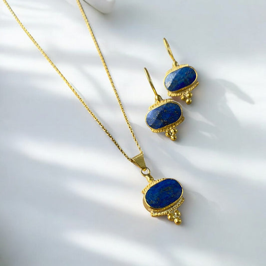 Lapis Lazuli Necklace and Earrings Set - 14k Gold Plated Silver