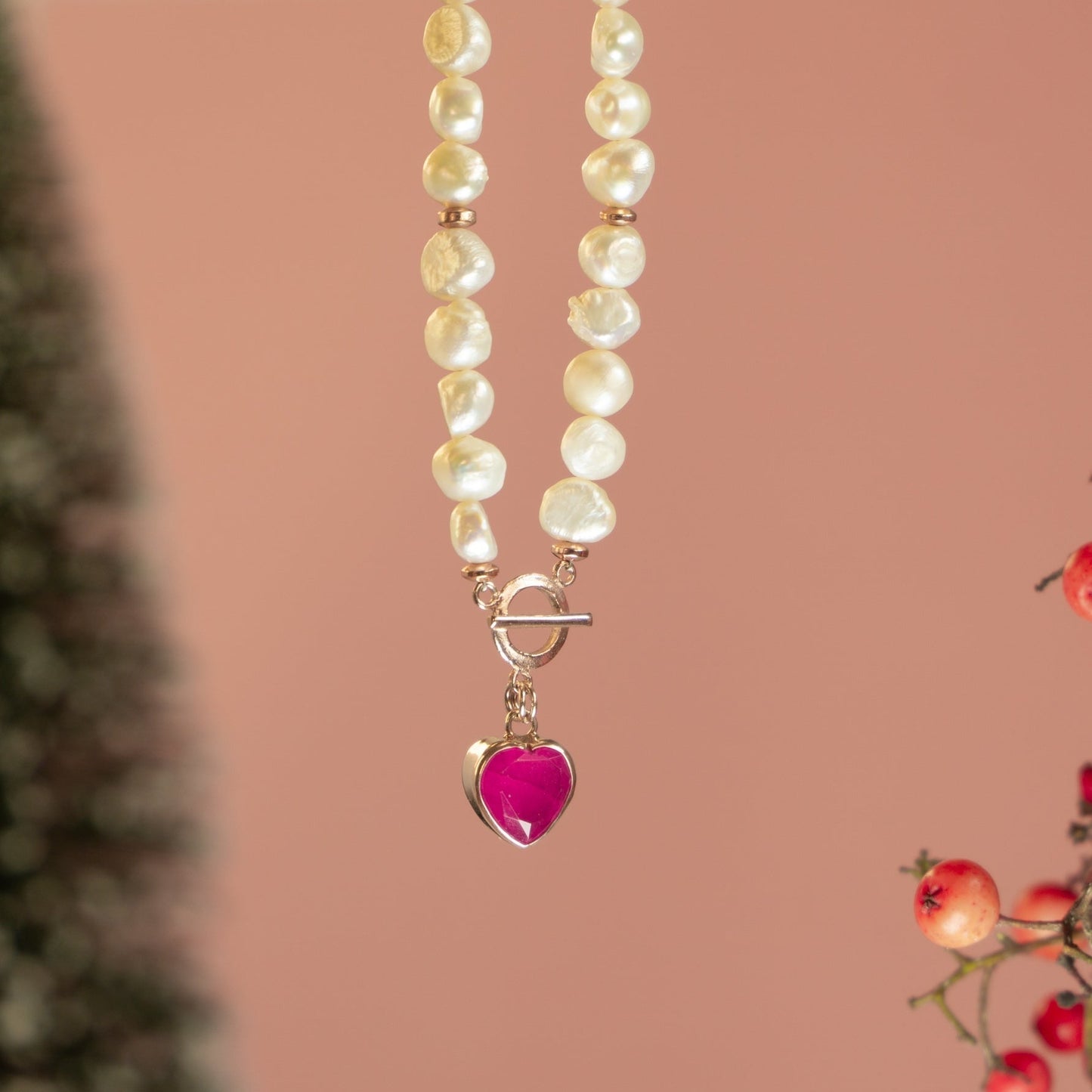 Baroque Pearl Heart Necklace with Pink Heart Pendant