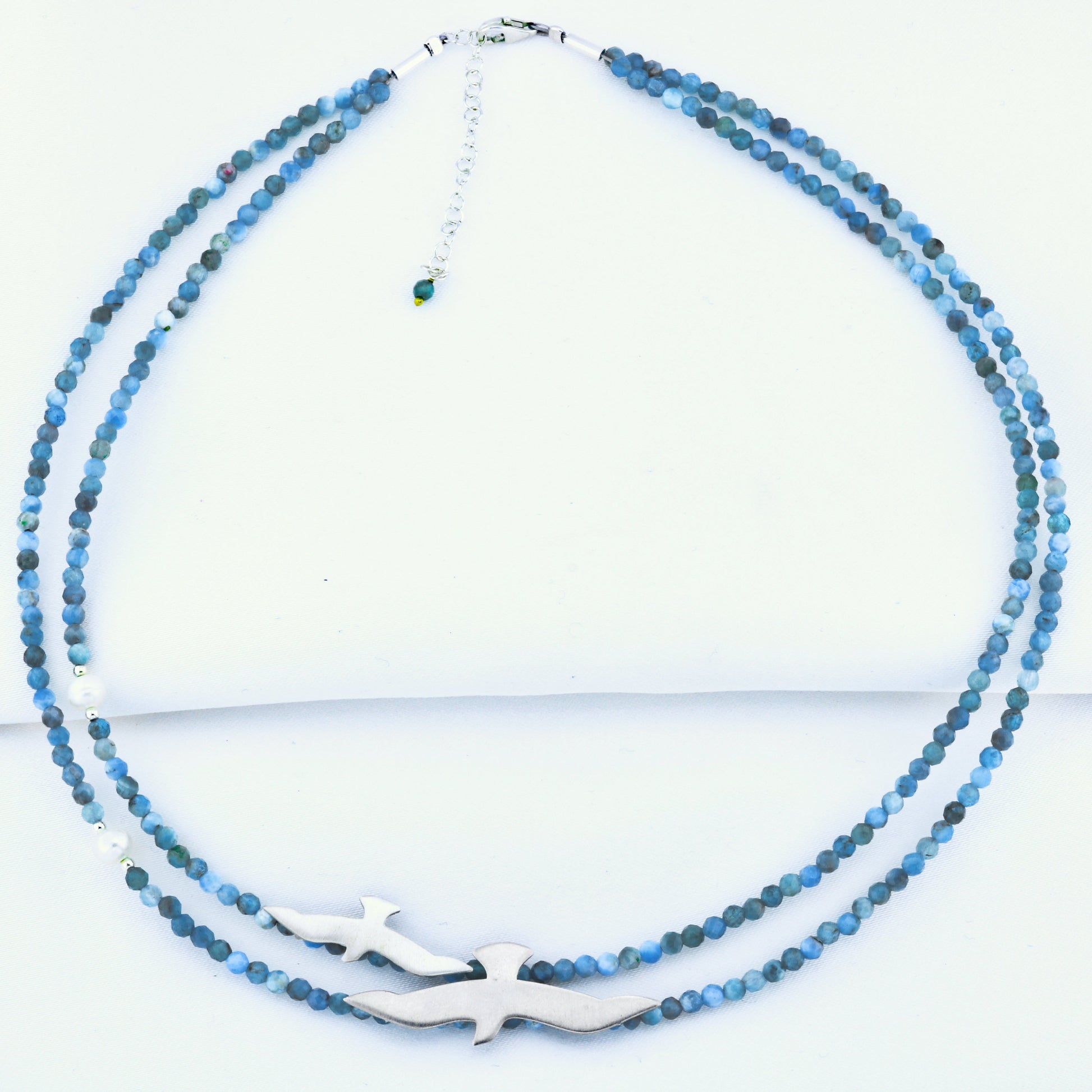 Big and Small Seagull Apatite Silver Necklace with Blue Apatite Beads - Double Stranded