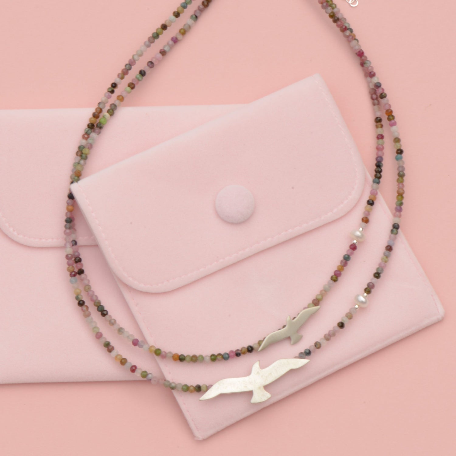 Big and Small Seagull Tourmaline Silver Necklace with pastel pink pouches