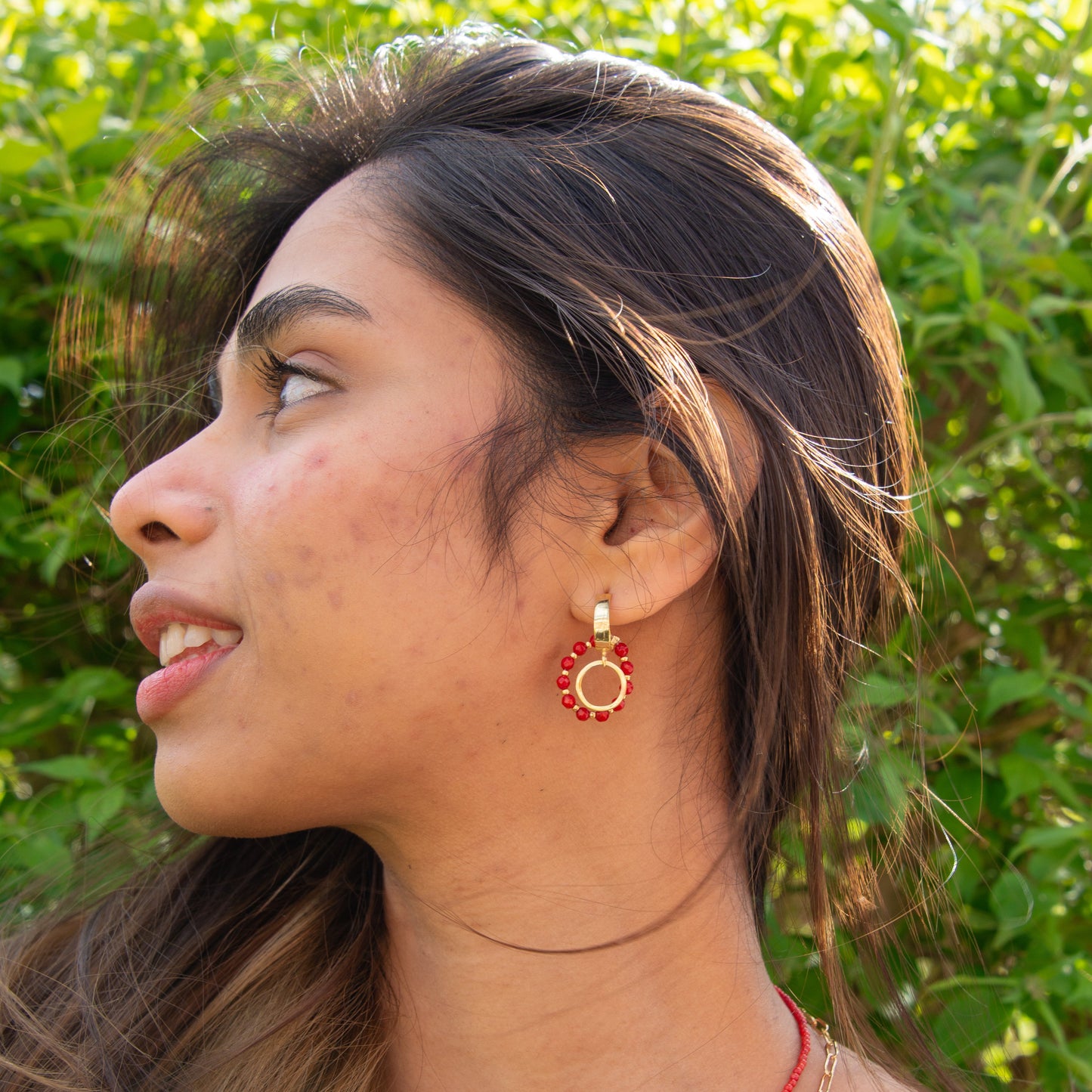 Woman wearing Coral Gemstone Earrings in 925 Sterling Silver 14K Gold Plated