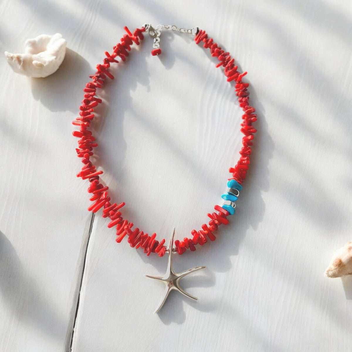 Handmade Coral Starfish Necklace in 925 Silver with Red Coral Beads and Turquoise Accents