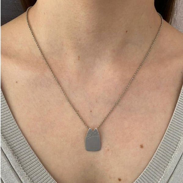 Woman wearing Cutie Cat Silver Necklace