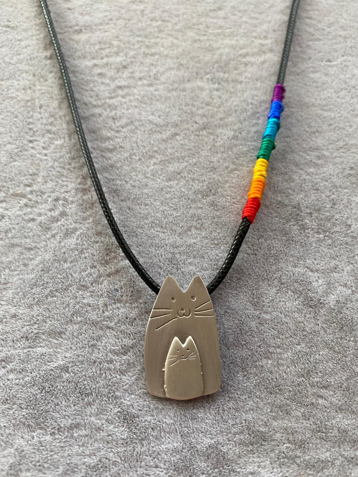 Cutie Cat Silver Necklace with Rainbow Thread Accent