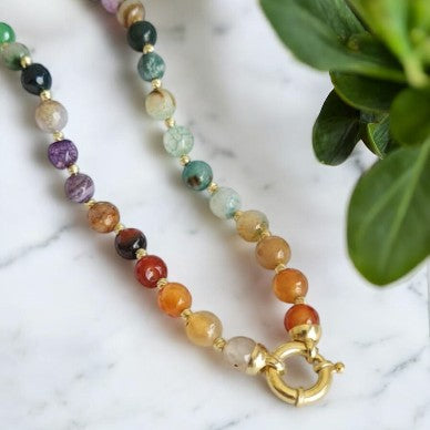 Vibrant Agate & Baroque Pearl Beaded Necklace with Gold Plated Silver