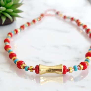 Vibrant Coral and Turquoise Gemstone Necklace with Gold Plated Sterling Silver