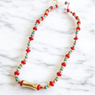 Vibrant Coral and Turquoise Gemstone Necklace with Gold Plated Sterling Silver