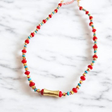 Vibrant Coral and Turquoise Gemstone Necklace with Gold Plated Sterling Silver