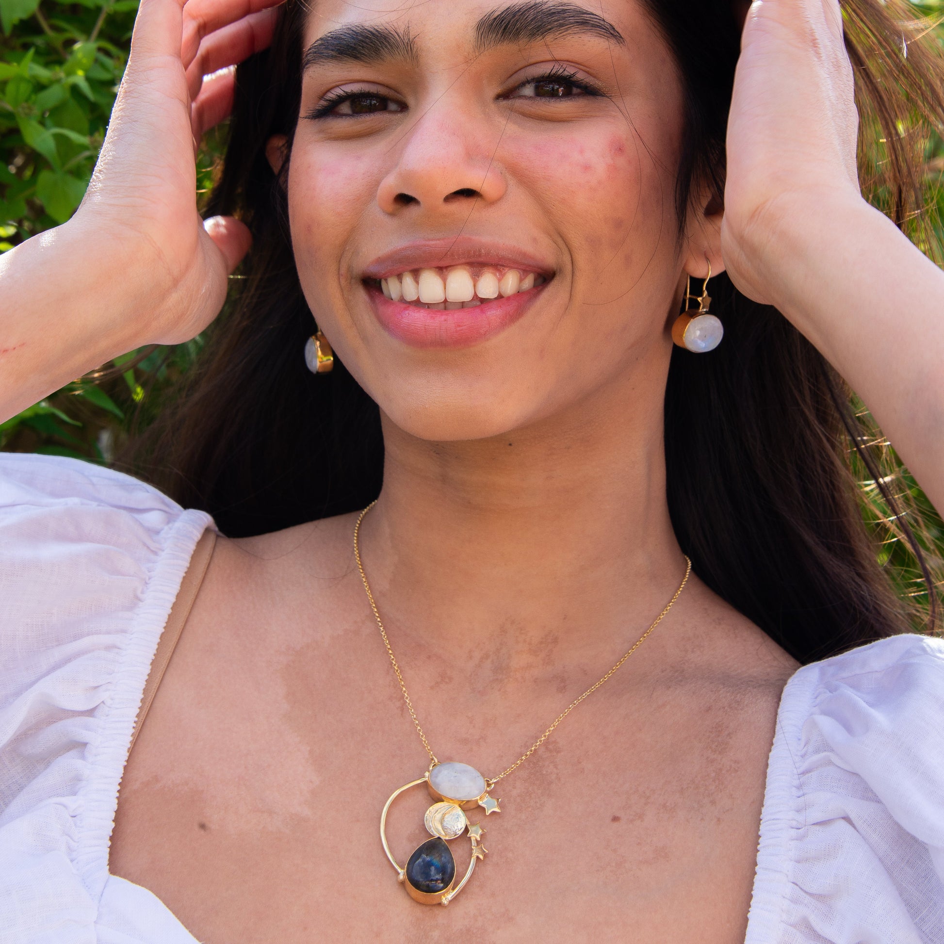 Model wearing Day and Night Moonstone Silver Necklace