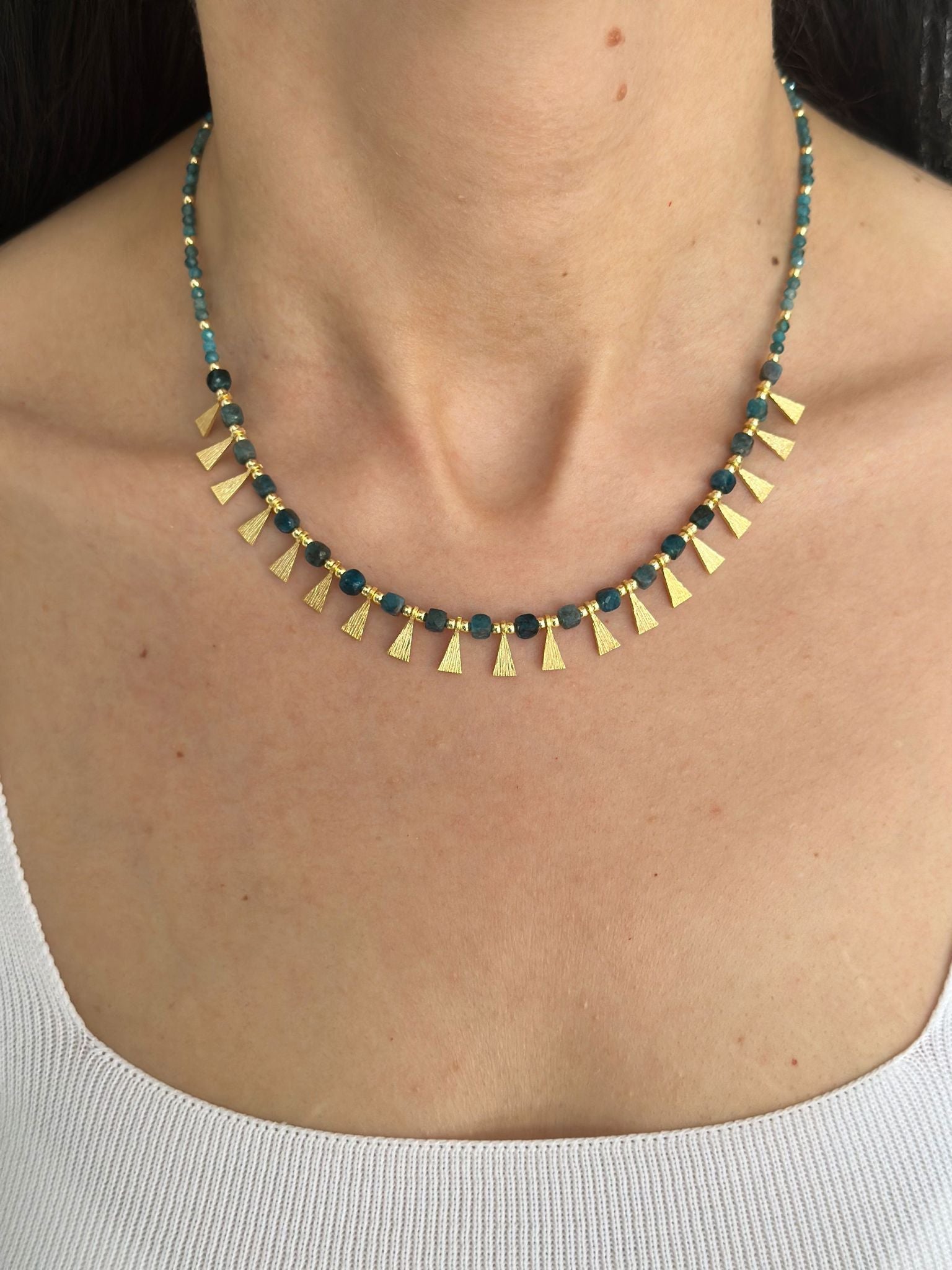 Eva Necklace with Apatite Gemstone in 925 Sterling Silver Gold Plated displayed on a woman's neck