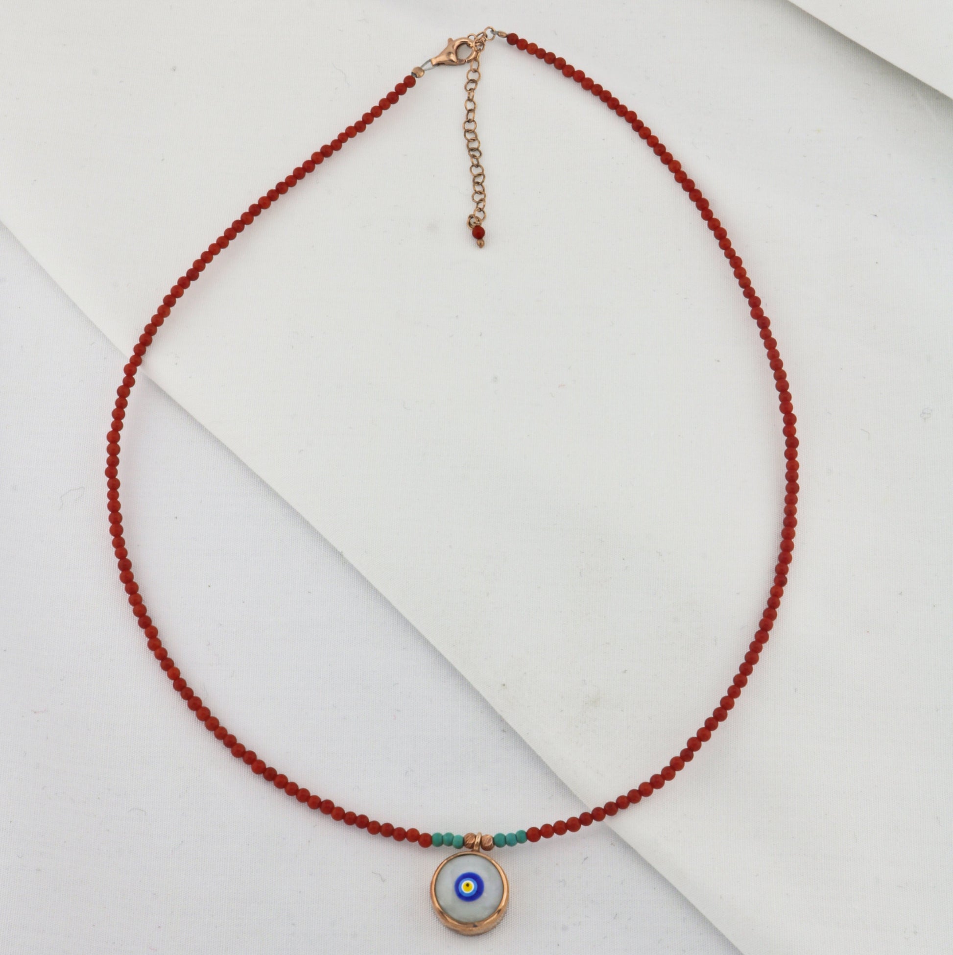 Evil Eye Coral Gemstone Necklace with Red Beads and Turquoise Accents