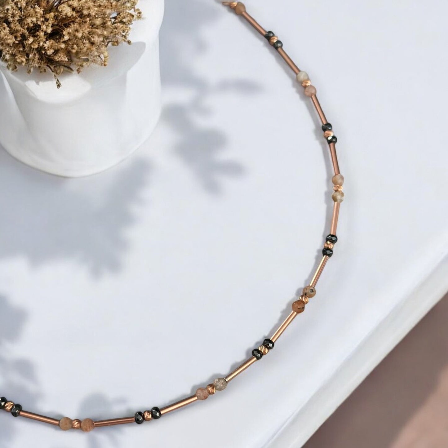 Hematite Sunstone Gemstone and Rose Gold Silver Necklace