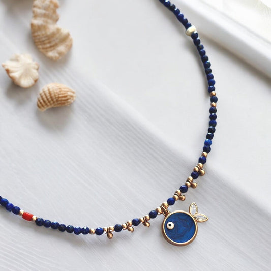 Handcrafted Phuket Lapis Lazuli Fish Necklace - 925 Sterling Silver with Rose Gold Plating