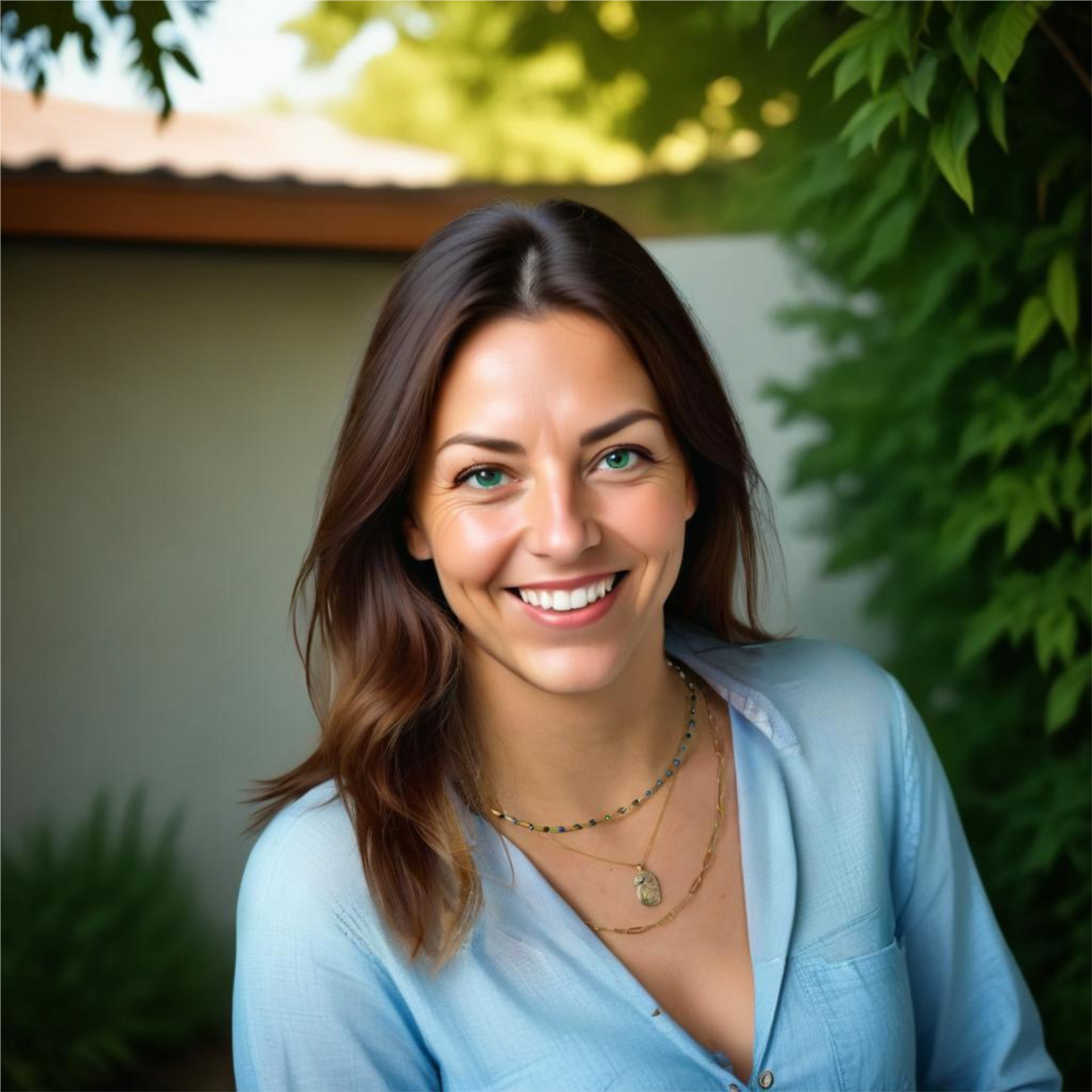 Woman wearing Lapis Lazuli gemstone and silver pipe necklace, smiling outdoors with green foliage background.