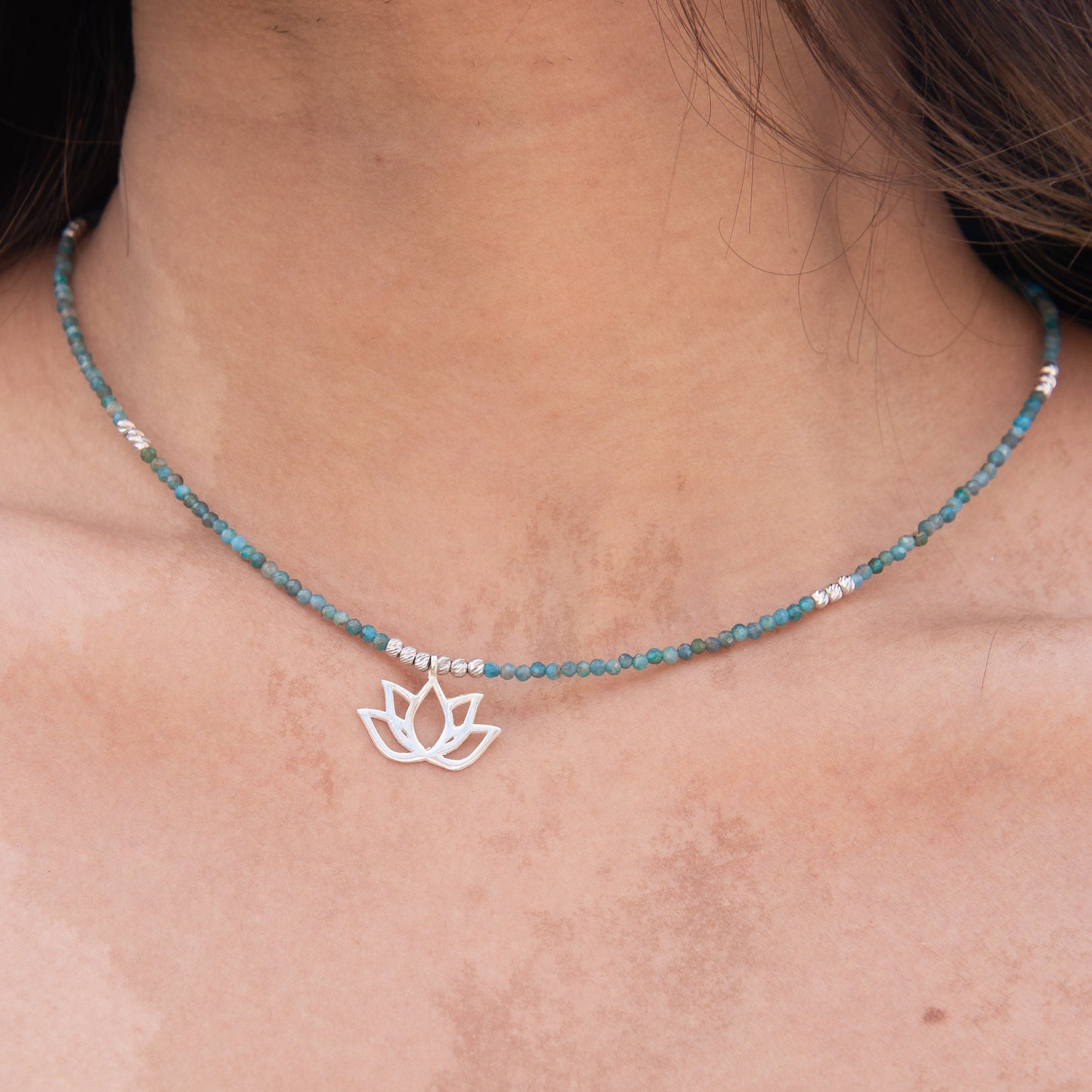 Lotus Flower Apatite Necklace on neck