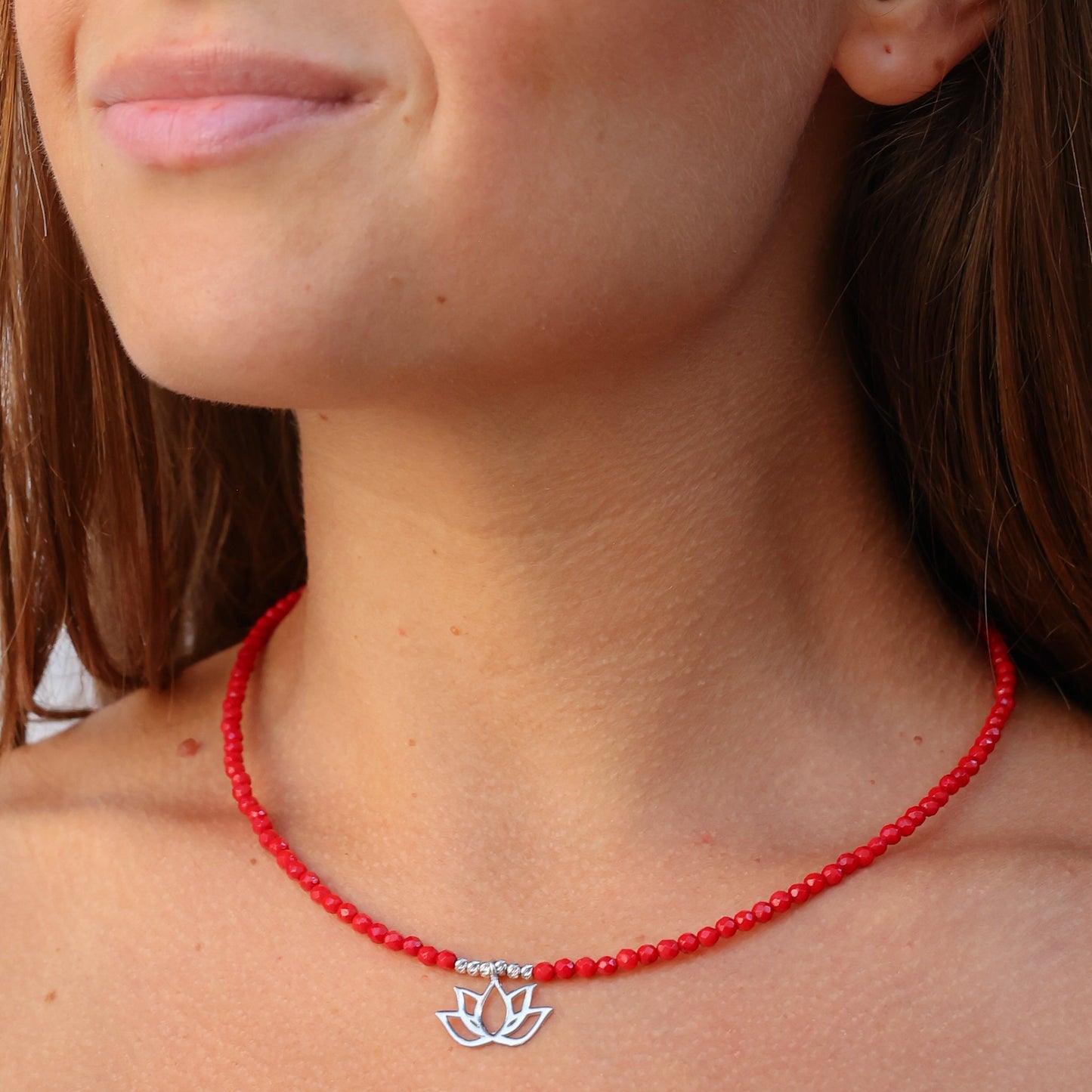 Lotus Flower Coral Gemstone Beaded Necklace