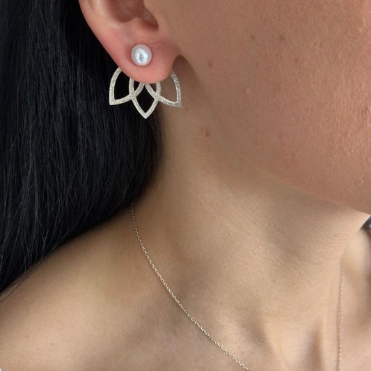 Lotus Flower Silver and Freshwater Pearl Earrings on a Woman's Ear