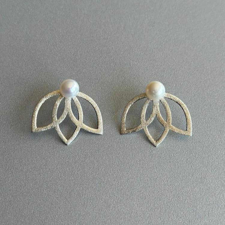 Lotus Flower Silver and Freshwater Pearl Earrings