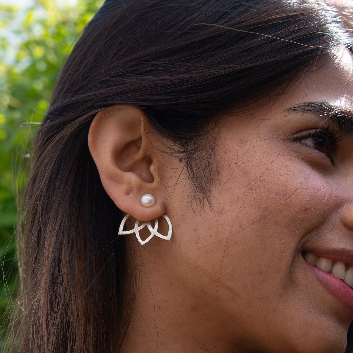 Lotus Flower Silver and Freshwater Pearl Necklace and Earrings Set - close-up view