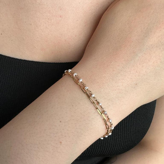 Double Layer Pearl and Silver Paperclip Chain Bracelet