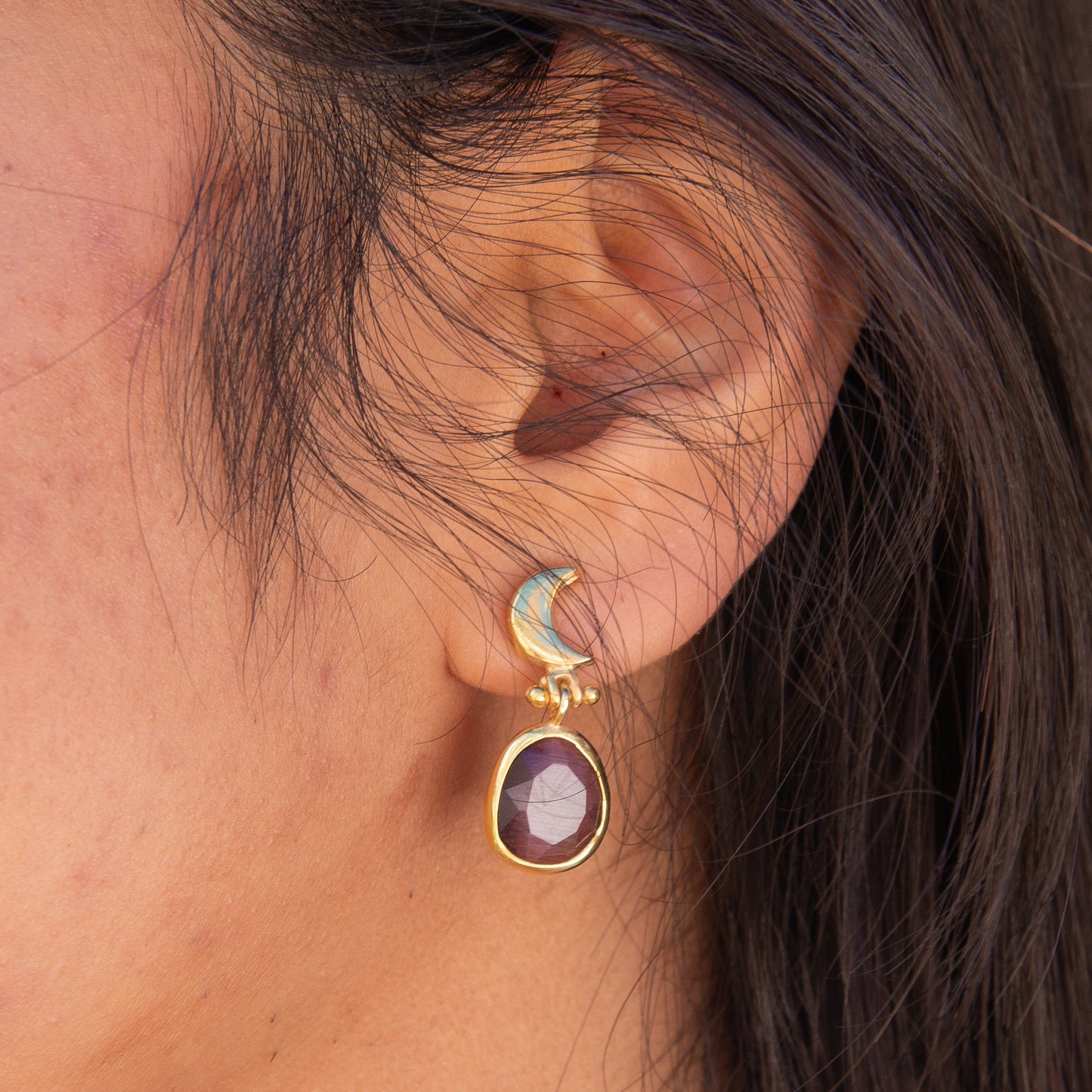 Close-up of woman wearing Moon and Star 925 Sterling Silver Purple Earrings, 14K Gold Plated