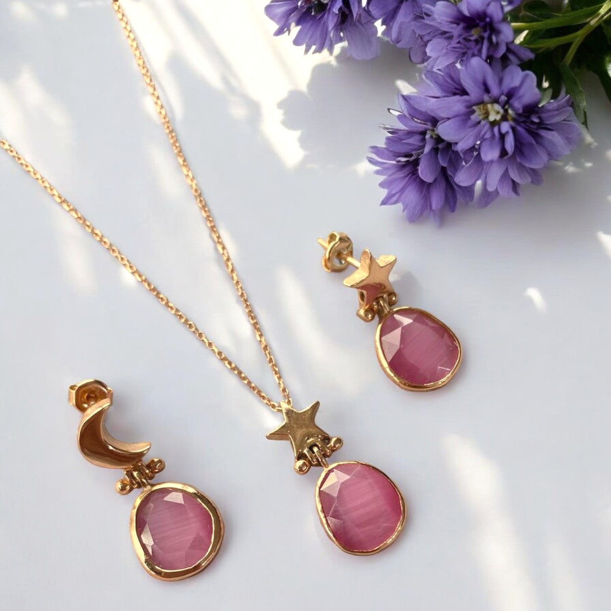 Moon and Star Pink Necklace and Earrings Set Silver 14K Gold Plated with purple flowers